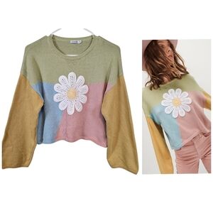 Ghanda Daisy Panel Knit Crochet Flower Patchwork Color Block Sweater